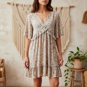 Manydress Women's Floral Ruffle V Neck Flutter Sleeve Midi Dress Small NWT